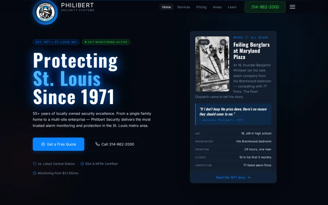 Philibert Security Systems — St. Louis alarm monitoring website with live monitoring panel, built by stlweb.dev