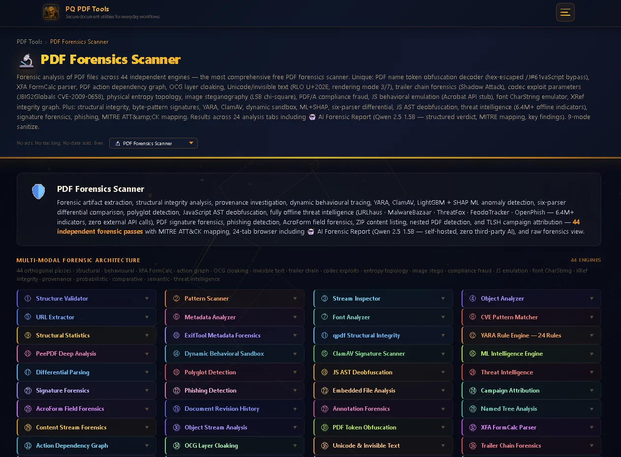 PQ PDF — dual forensics scanner with 44+23 engines